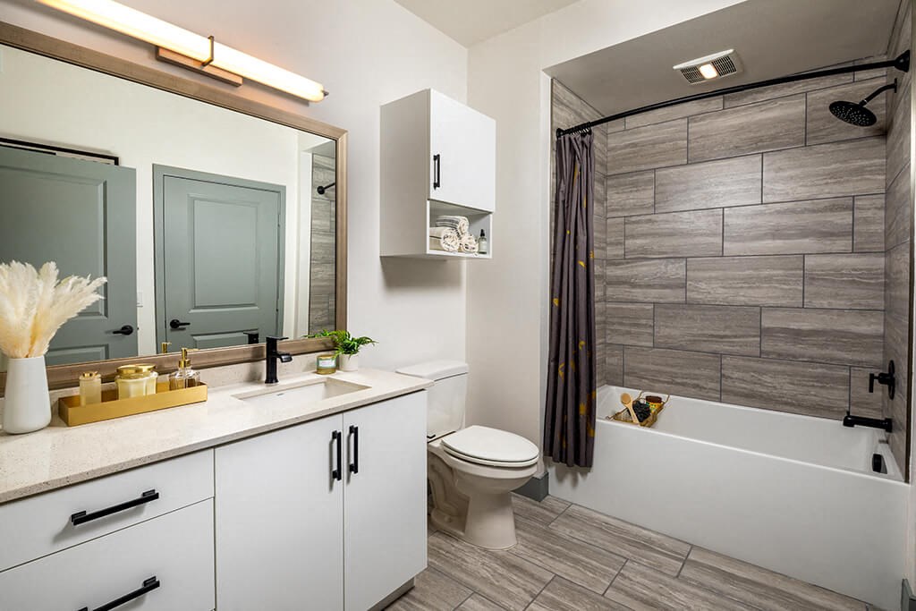 Model Pewter Bathroom at Chroma Apartment Homes in Canoga Park CA