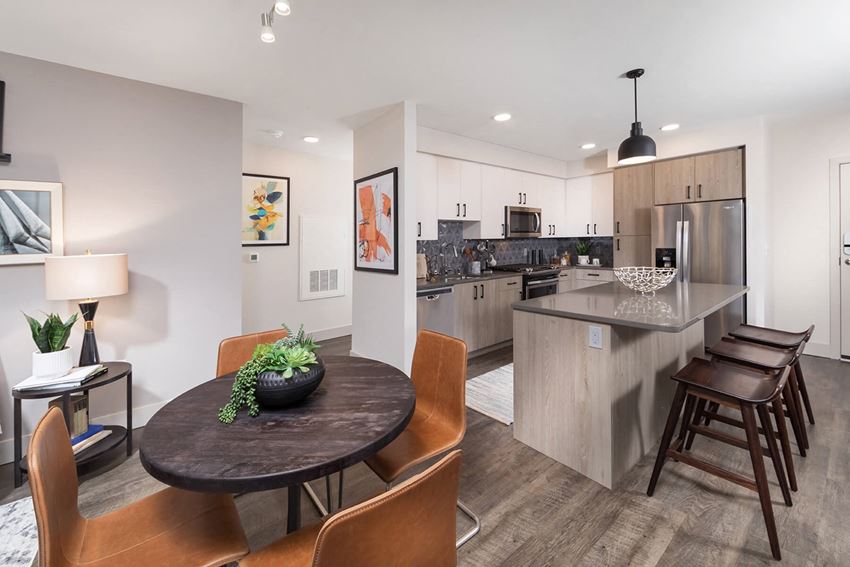 Model Pewter Design Package Living Room and Kitchen at North at Totem Lake Apartments in Kirkland WA - Photo Gallery
