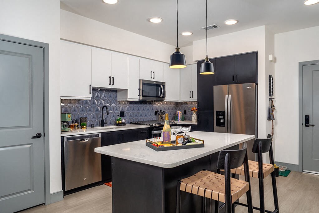 Model Pewter Kitchen Angled at Chroma Apartment Homes in Canoga Park CA
