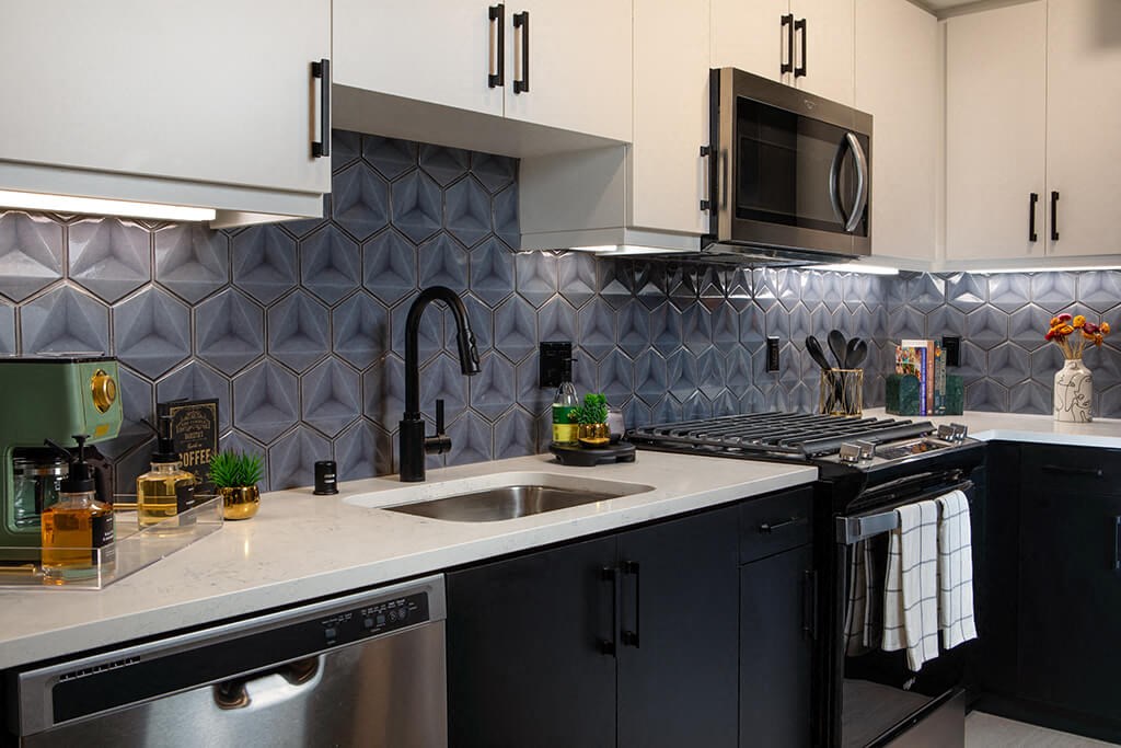 Model Pewter Kitchen Backsplash at Chroma Apartment Homes in Canoga Park CA