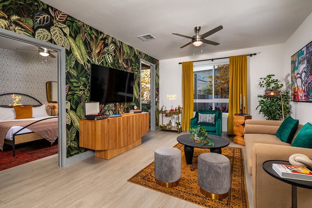 Model Pewter Living Room and Bedroom at Chroma Apartment Homes in Canoga Park CA