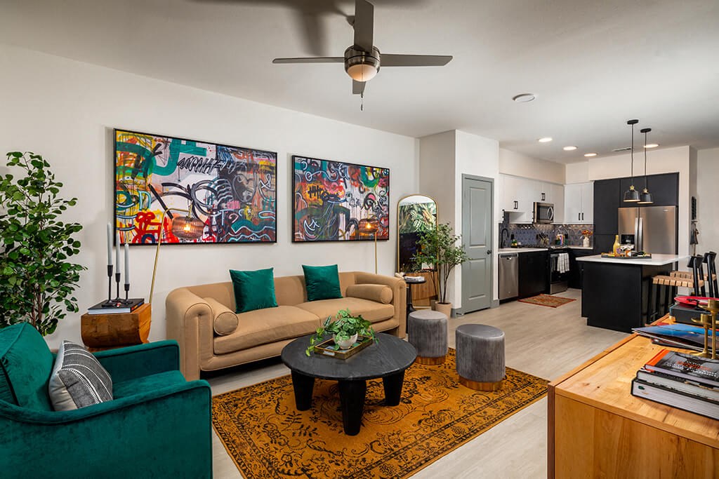 Model Pewter Living Room and Kitchen at Chroma Apartment Homes in Canoga Park CA