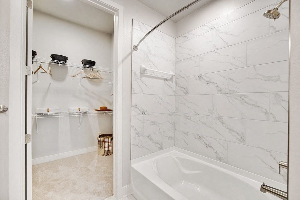 Model Sandalwood Design Package Bathroom and Closet at 1810 Main Apartments in Houston TX