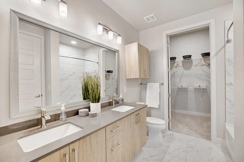 Model Sandalwood Design Package Bathroom at 1810 Main Apartments in Houston TX