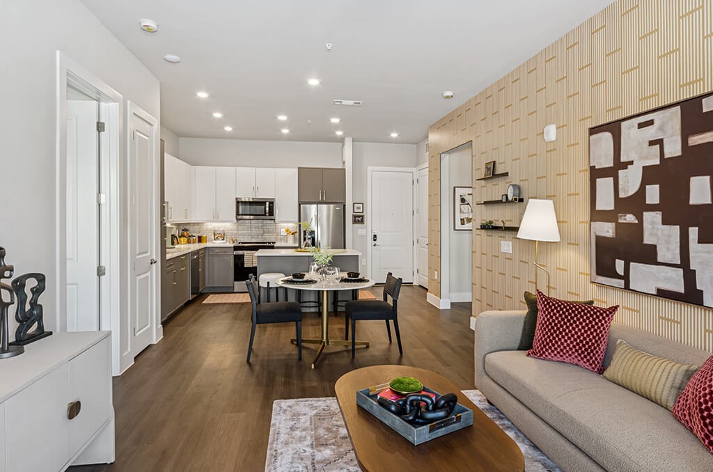 Model Slate Design Package Living and Kitchen at The Waylon Apartments and Townhomes in McKinney TX