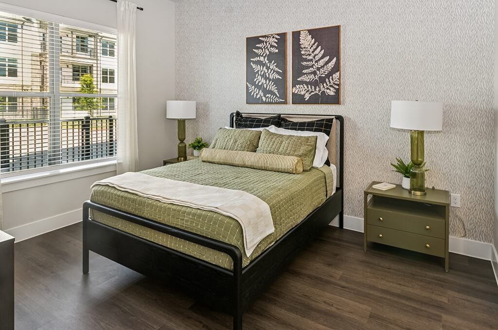 Model Slate Design Package Primary Bedroom at The Waylon Apartments and Townhomes in McKinney TX