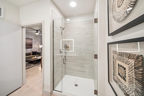 Model Snow Design Package Bathroom Shower at Olivean Apartments in Broomfield CO