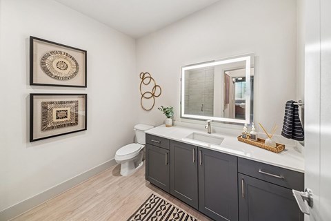 Model Snow Design Package Bathroom at Olivean Apartments in Broomfield CO
