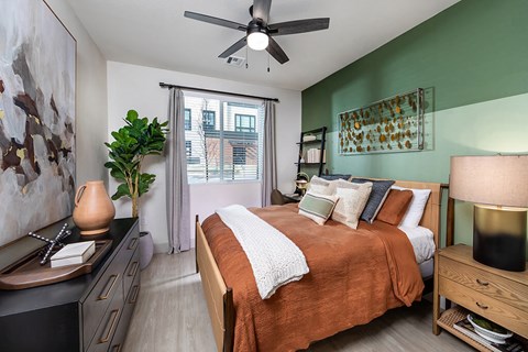 Model snow design bedroom at Olivean Apartments in Broomfield CO