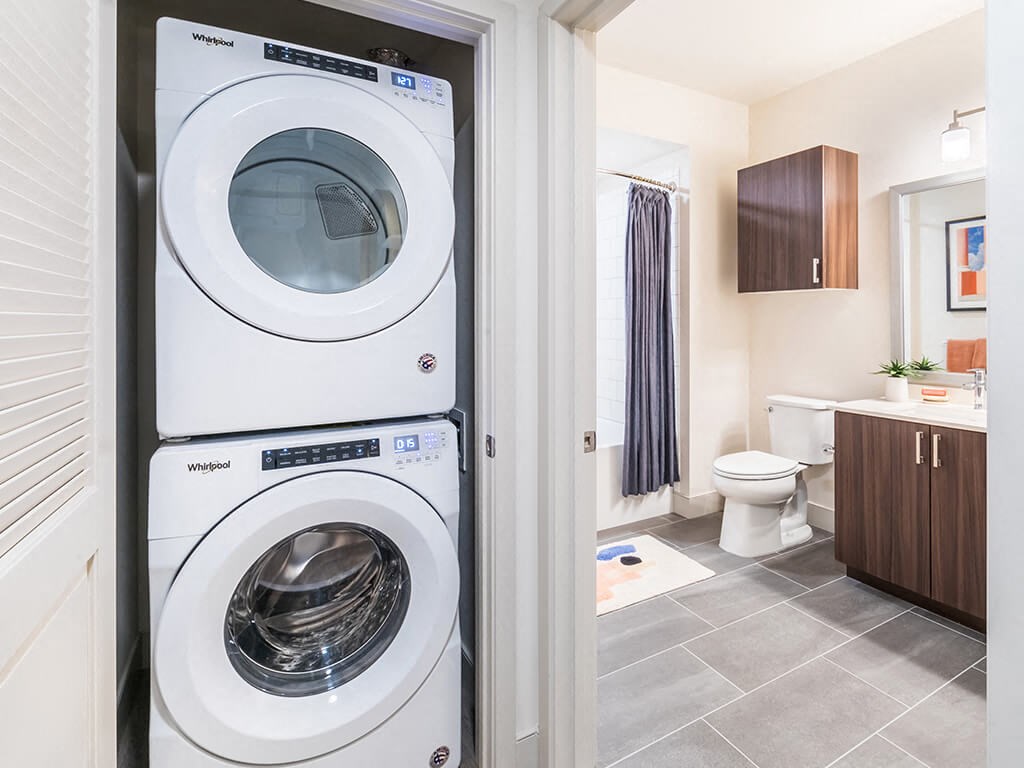 Model Washer and Dryer and Bathroom at Embark Apartments in Fremont CA