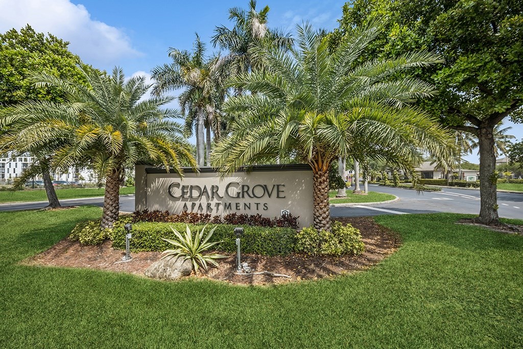 Monument sign at Cedar Grove Apartments in Miami FL