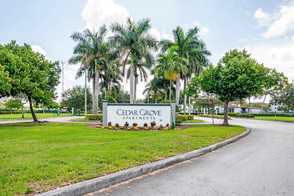 Monument sign at Cedar Grove Apartments in Miami Gardens FL