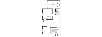 A floor plan of a home with a living room, dining room, kitchen, two bedrooms, a bathroom, and a foyer.