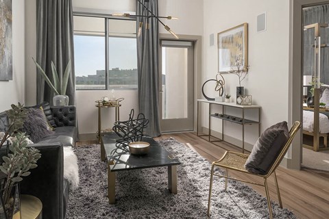 a living room with a couch and a table