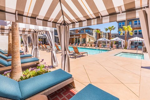 Poolside cabanas at The Braydon Apartments in Napa CA