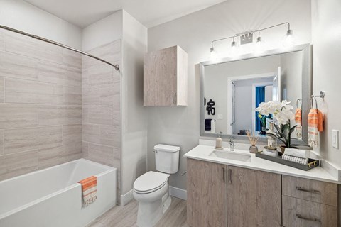 Bathroom with shower at The Braydon Apartments in Napa CA