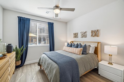 Bedroom with ceiling fan at The Braydon Apartments in Napa CA