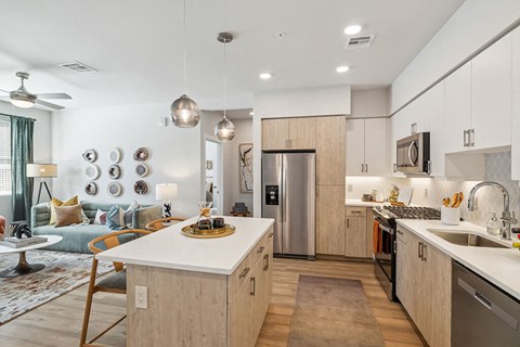 Kitchen and living room at The Braydon Apartments in Napa CA