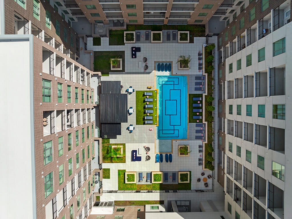 Pool Aerial at 1810 Main Apartments in Houston TX