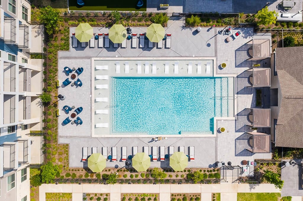 Aerial view of pool at 1900 Parmer Apartments in Austin TX