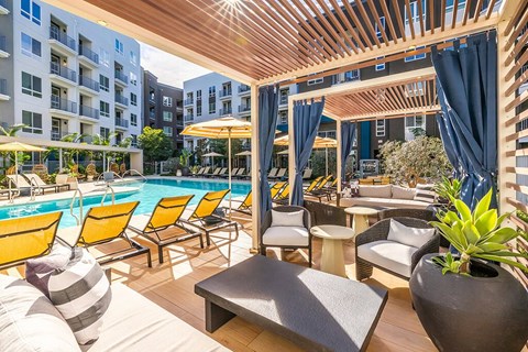 Pool cabanas at The Wylden Apartments in Los Angeles CA