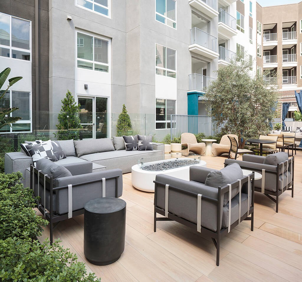 Pool Courtyard Fire Feature at The Wylden Apartments in Los Angeles CA