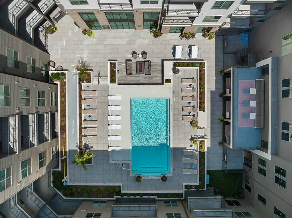 Aerial view of pool at East Bend Apartments in Houston TX