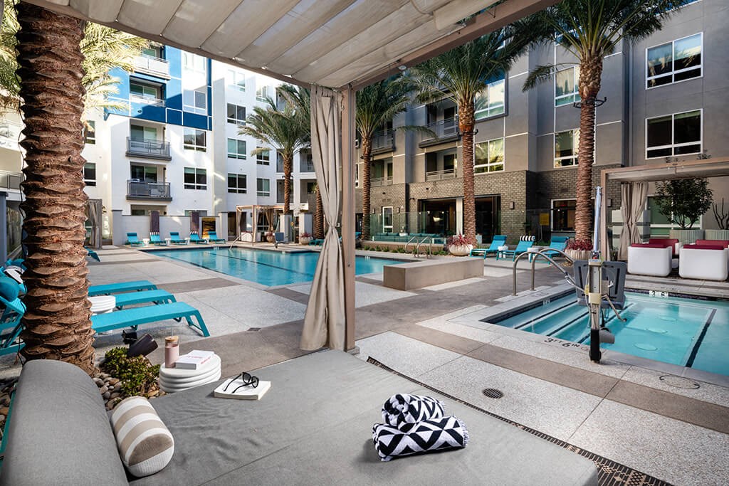 Pool Luminescence Cabana Lounger Staged at Chroma Apartment Homes in Canoga Park CA