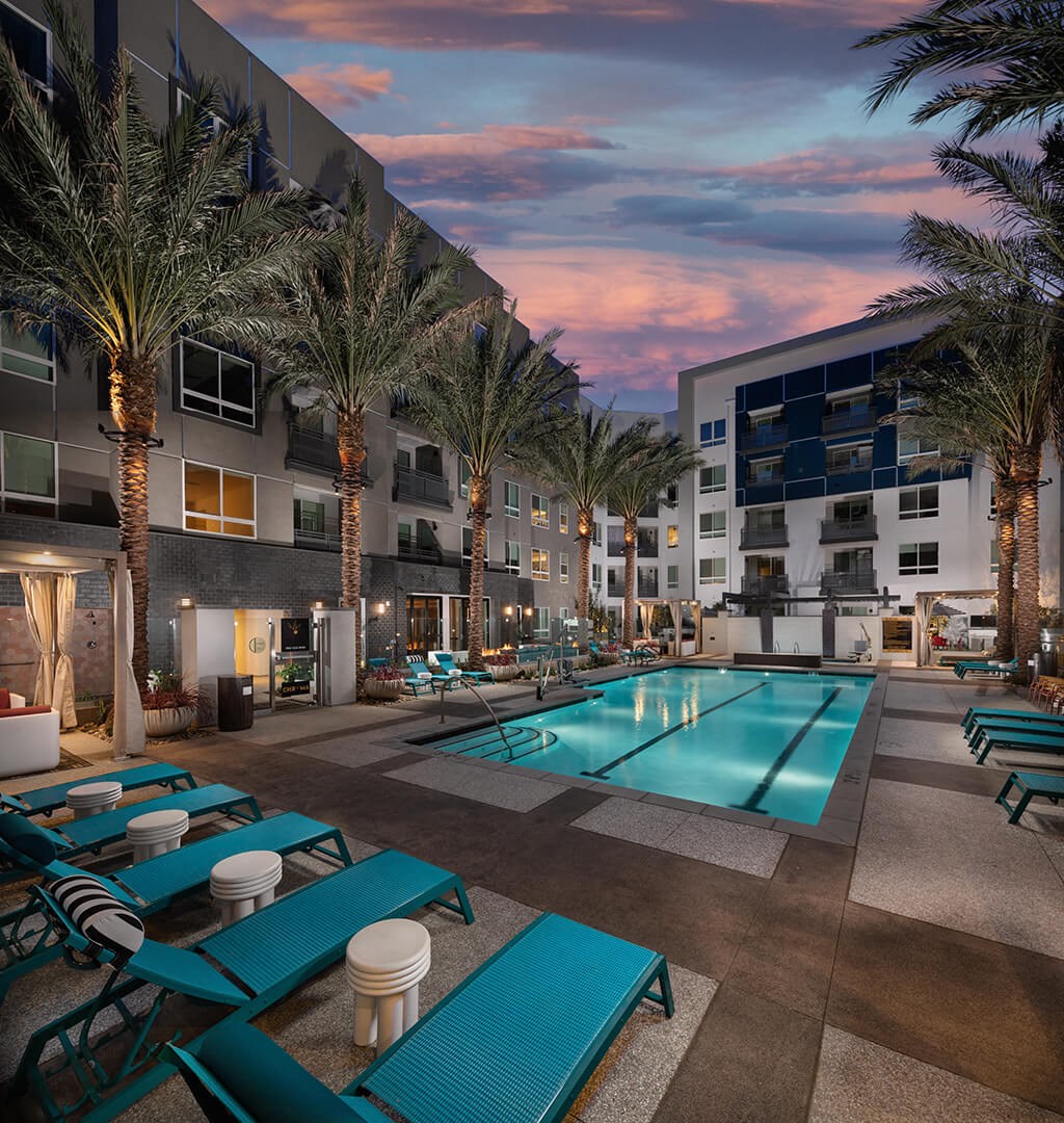 Pool Luminescence Loungers Pool Sunset at Chroma Apartment Homes in Canoga Park CA