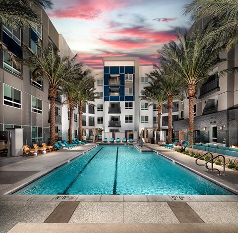 Pool Luminescence Pool Sunset at Chroma Apartment Homes in Canoga Park CA