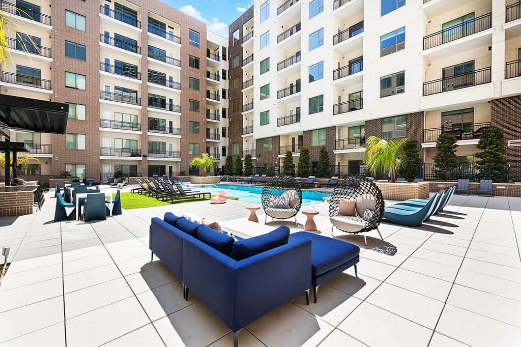 Pool Seating Area at 1810 Main Apartments in Houston TX