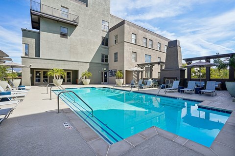 Pool and Building at Haven at Del Mar Station Apartments in Pasadena CA