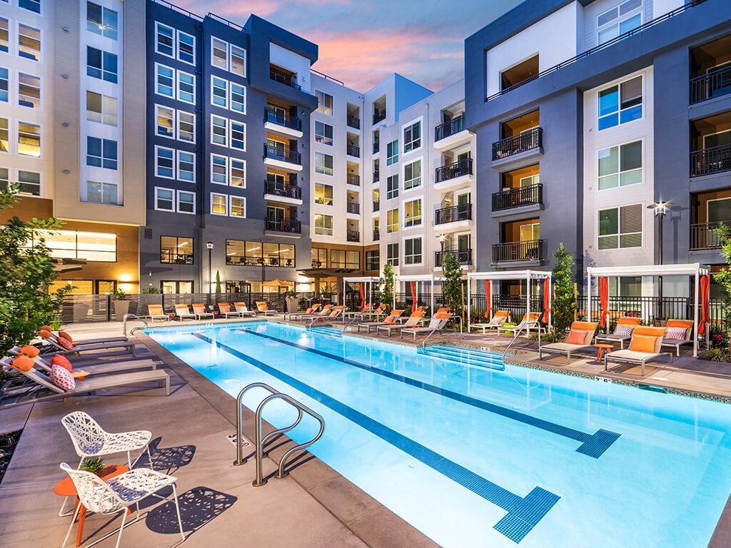 Pool at dusk at 808 West in San Jose CA
