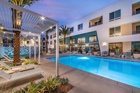 Pool at Dusk at Bowen Apartments in San Diego CA