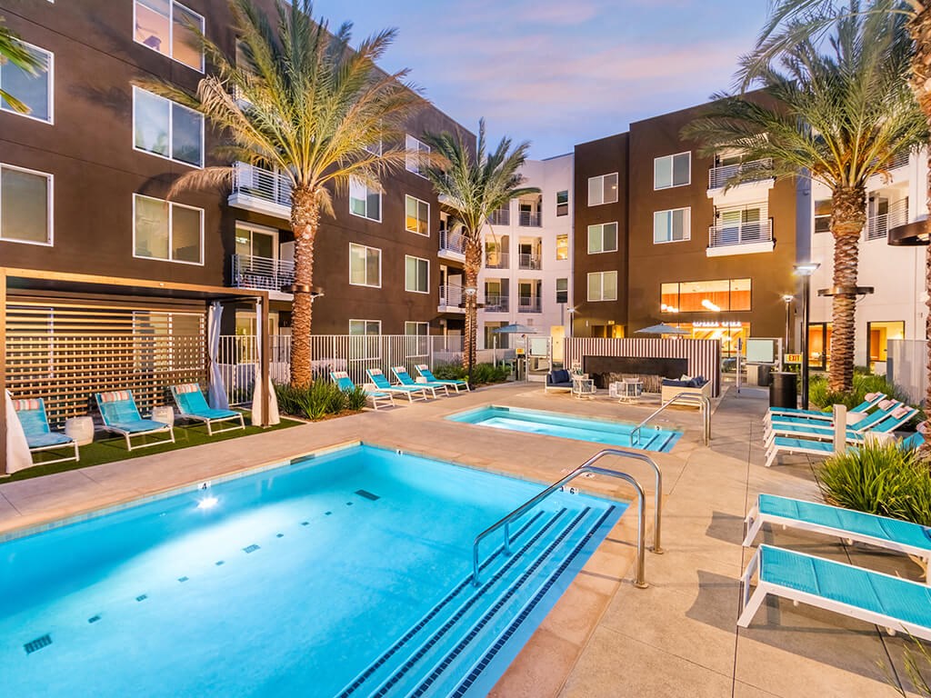Pool at Dusk at Embark Apartments in Fremont CA