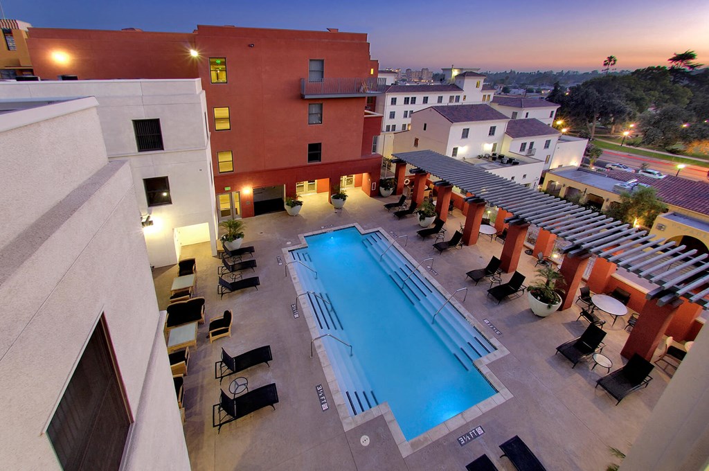 Pool at Dusk at Haven at Del Mar Station Apartments in Pasadena CA