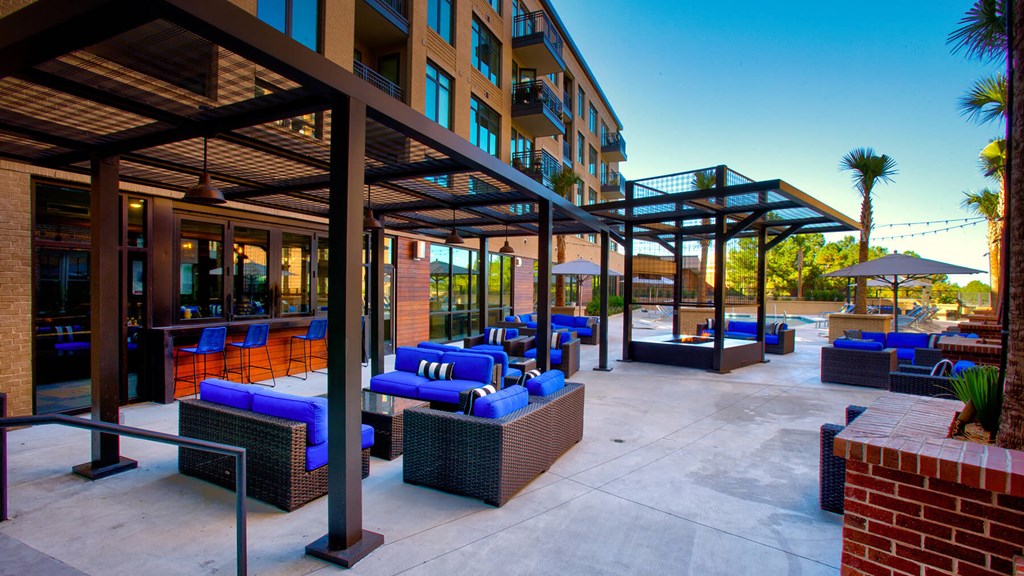 Pool deck couches at Caroline Apartments in Charleston SC
