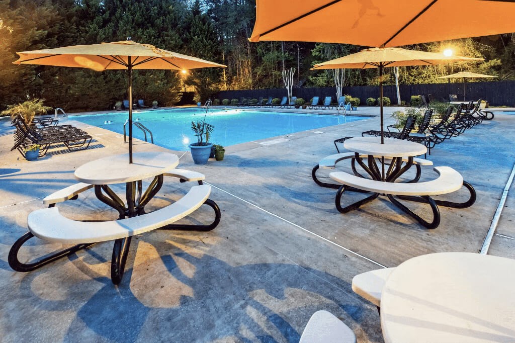 Poolside seating at Cobalt Springs Apartment Homes in Taylors SC