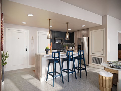 Rendering Armonia design package kitchen at CALIXA Apartment Homes in Camarillo CA