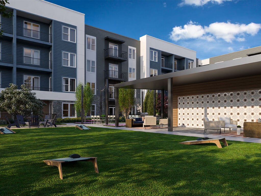 Rendering Courtyard cornhole at Station 316 in Woburn MA