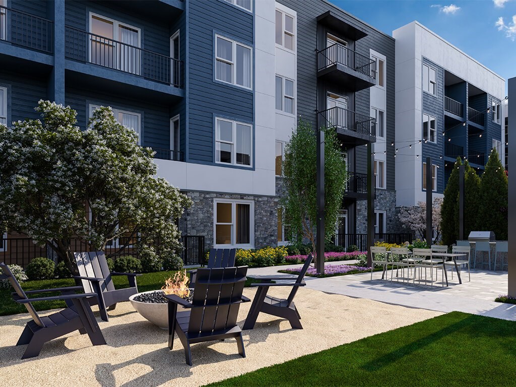 Courtyard fire pits at Station 316 Apartments in Woburn MA