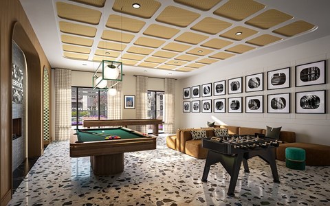 Game room at Merrick on Midway Apartments in Farmers Branch TX