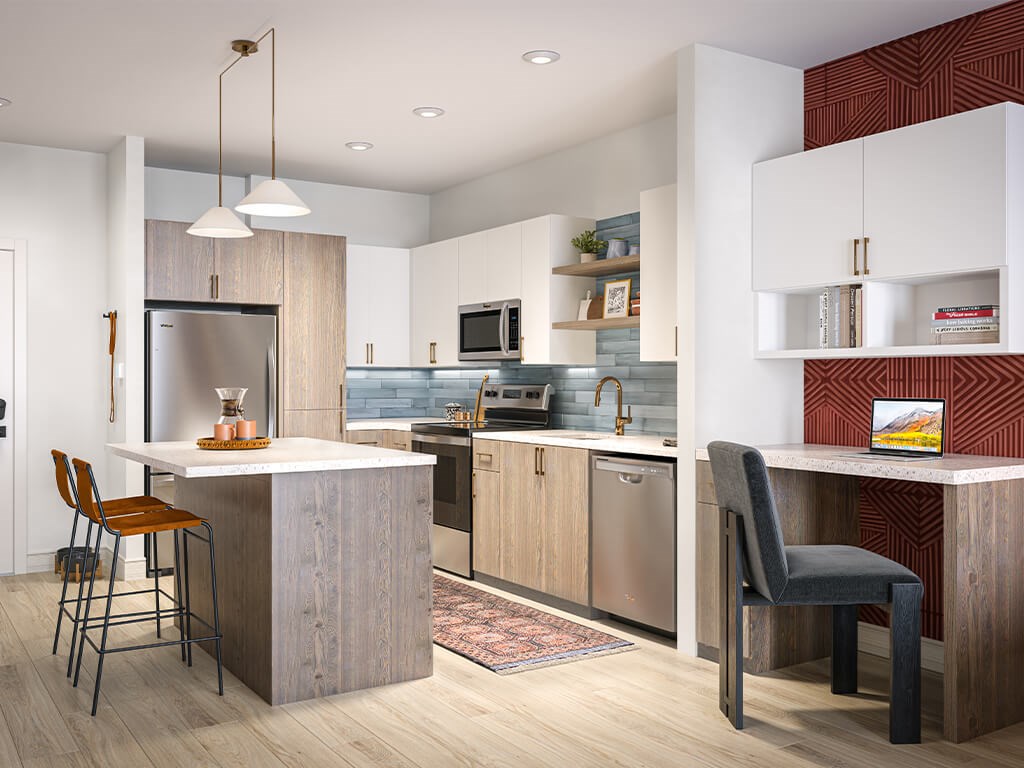 Kitchen in sand scheme at Station 316 Apartments in Woburn MA