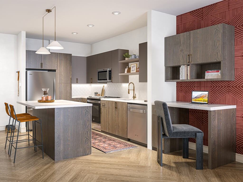 Kitchen in herringbone at Station 316 Apartments in Woburn MA