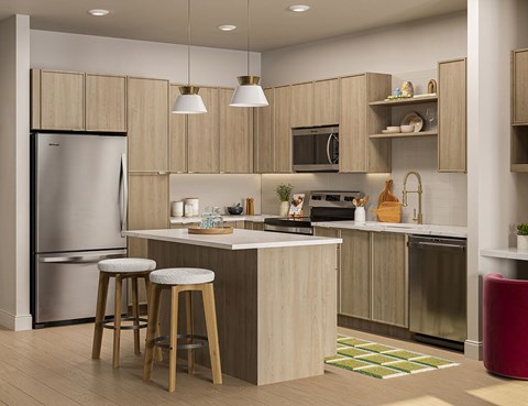A modern kitchen with wooden cabinets and a central island.