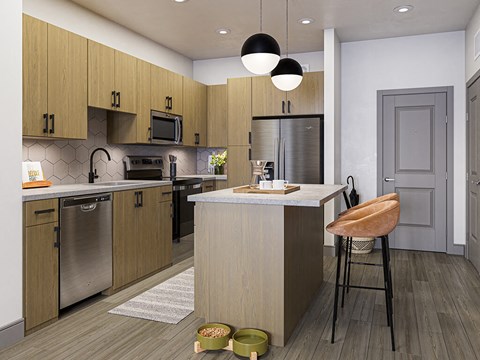 Rendering Latte Design Package Kitchen at Cala Apartments in Austin TX