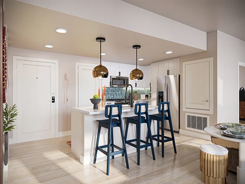 Rendering Melodia design package kitchen at CALIXA Apartment Homes in Camarillo CA