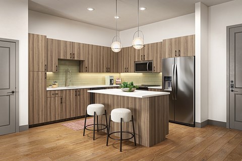 A modern kitchen with wooden cabinets and a central island.