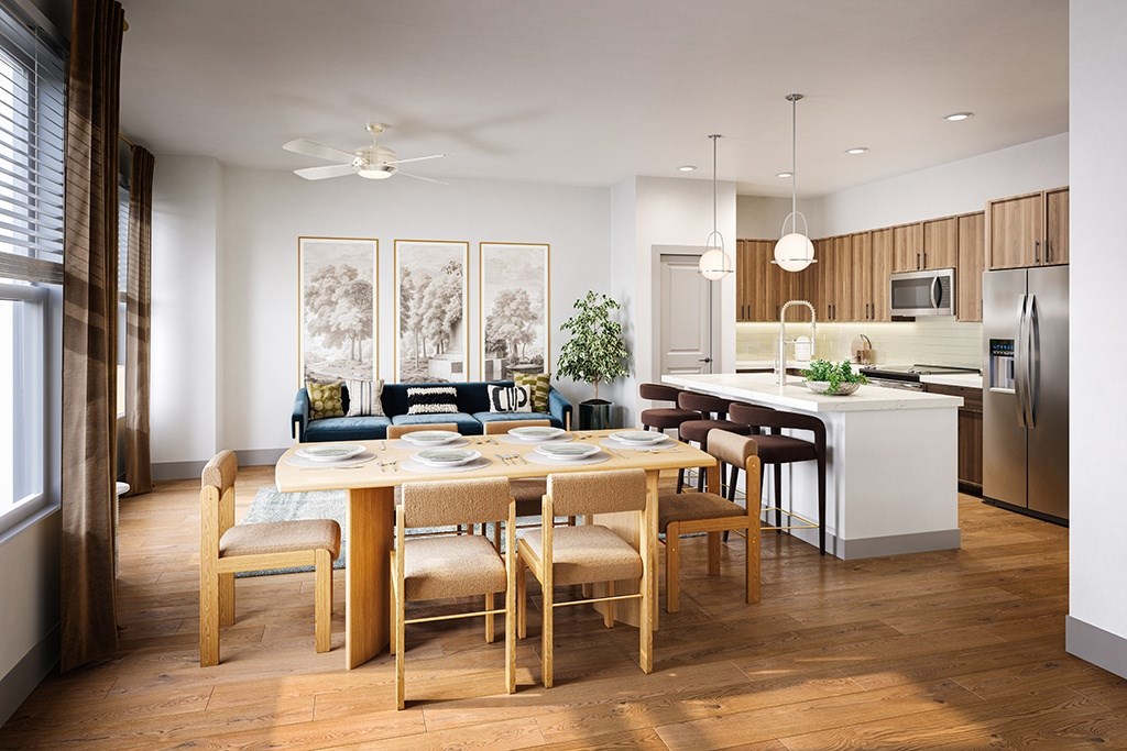 Rendering of sage design dining room and kitchen at The Waylon in McKinney TX