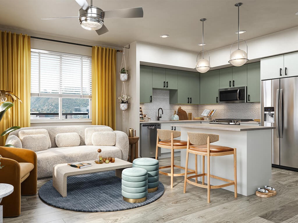Living room with view of kitchen at Rivair Apartment Homes in San Diego CA